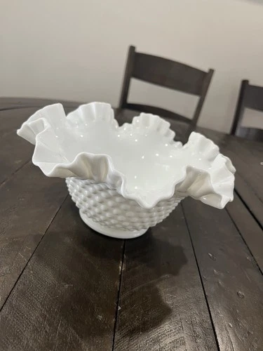 Vintage Fenton White Milk Glass Hobnail Crimped Ruffled Edge Bowl 9”