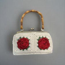White Crochet Handbag Bamboo Handle Red Roses