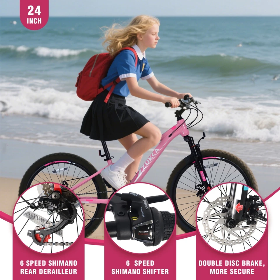 MEGHNA 24 Inch Mountain Bike 6 Speed Kids Bike Steel Frame,Pink - Image 3 of 4