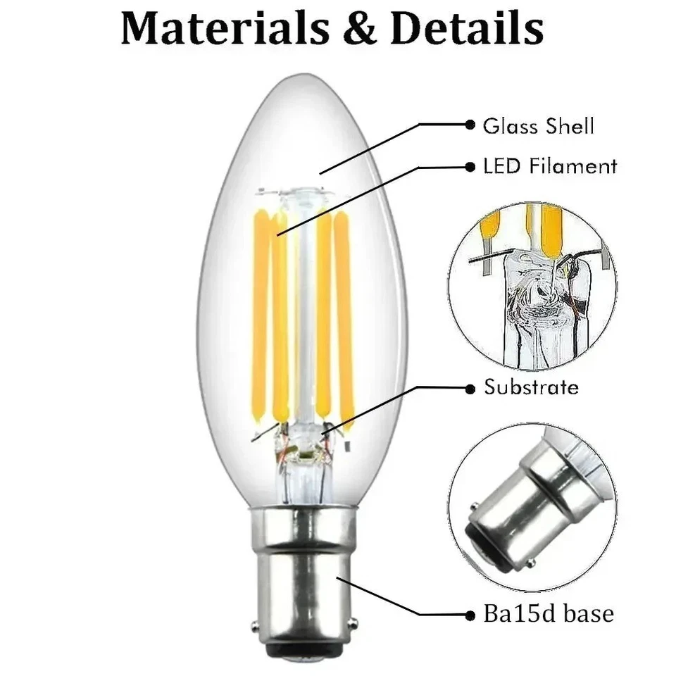 220V Dimmable B15 LED Candle Filament Light Bulb 4W Ba15d Vintage Warm White 3pc - Image 2 of 4