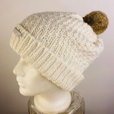 DKNY Jeans Knit Beanie White Beige Brown Pom Winter Cream Sweater hat Toque