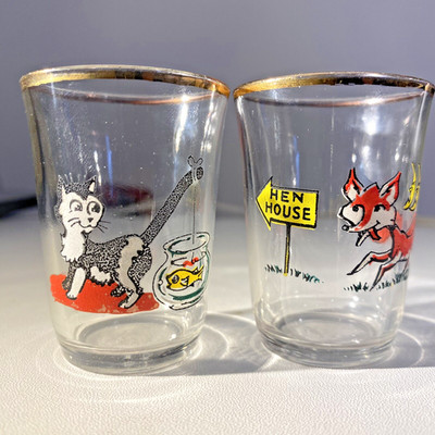 Cat Fox MCM Schnapsgläser x2 Cartoon Wodka Tequila Whiskey Mid Mod Vintage Selten