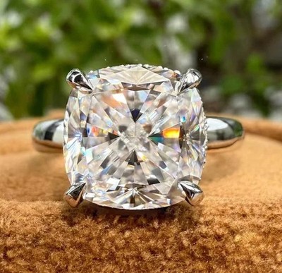 2Ct Cushion Cut Real Moissanite Solitaire Engagement Ring 14K White Gold Plated