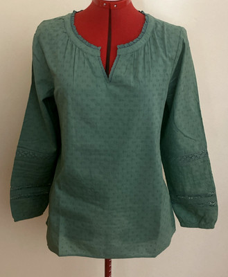 BLAIR TOP~L~GREEN~LONG SLEEVE W/NEEDLE LACE~TEXTURED~COTTON~ELASTIC AT WRIST