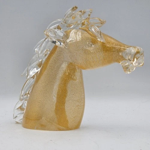 Murano Glass Horse Head Sculpture Gold Aventurine Art Figurine Italy Vtg. #8641