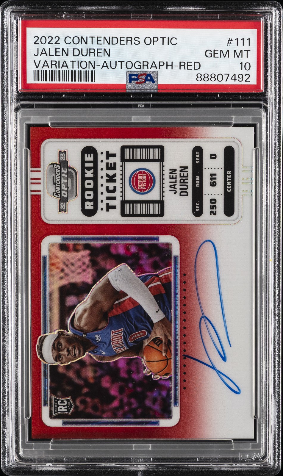 2022 CONTENDERS OPTIC VAR-AUTO-RED #111 JALEN DUREN ROOKIE RC 70/99 PSA 10