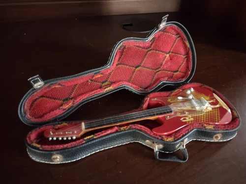 Vintage Miniature Guitar Rock Band AC/DC Mini Replica Red Guitar in Hard Case