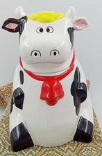 Dairy Cow Cookie Jar with Red Bell & Scarf & Yellow Hair Ceramic/Porcelain 11"T