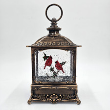 Christmas Cardinal Light Up Musical Snow Globe Lantern Bronze Tabletop Decor LN