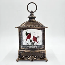 Christmas Cardinal Light Up Musical Snow Globe Lantern Bronze Tabletop Decor LN