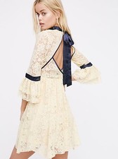 $128 NWT FREE PEOPLE SzXS GILDED BELL SLEEVES FIT & FLARE LACE MINI DRESS ALMOND