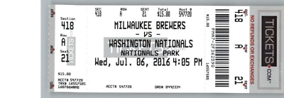 Brewers vs Washington Nationals 7/6/2016 Full Ticket ~ Bryce Harper HR #115 .
