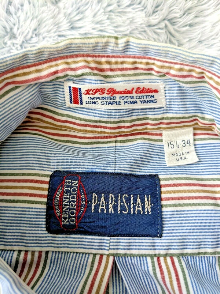 Camisa de Vestir Parisina Talla 15 1/2 34 Rayas Hombres Abotonada PIMA Hecha en EE. UU. K GORDON Foto 4 de 4