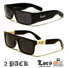 2 Pack LOCS Gangster Rectangular Biker Shades Black Lowrider Flat Top Sunglasses