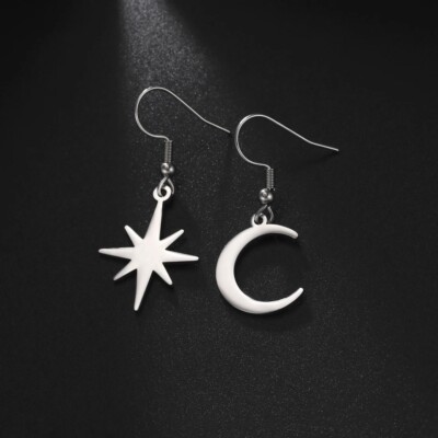 Orecchini Pendenti Sole E Luna – Argento E Acciaio Inossidabile Con Strass – Lunghi 11 Cm