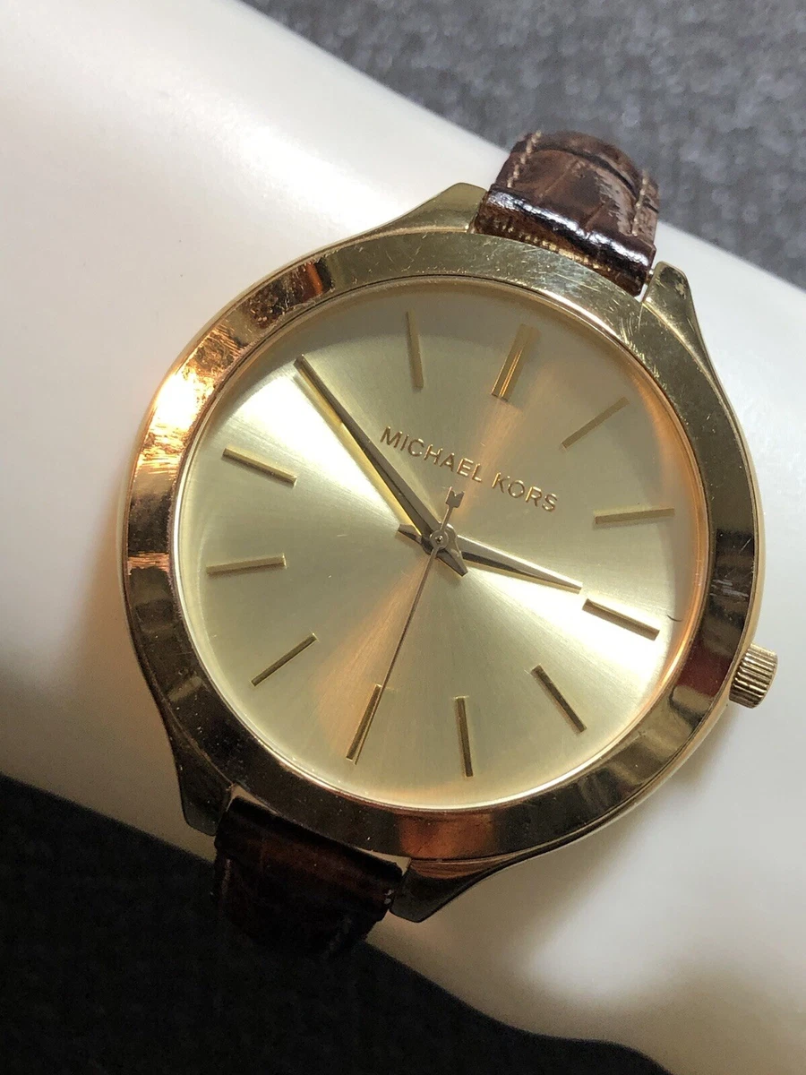 Michael Kors Slim Runway Double Wrap Watch Brown Leather Gold Tone Face Works Slim Runway Gold-Tone and Leather Watch in LUGGAGE | Michael  main image 2