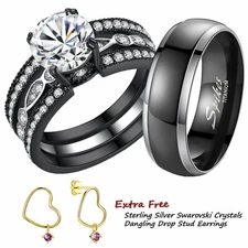His Hers Titanium Stainless Steel Engagement Ring Matching Wedding Band Set Gift