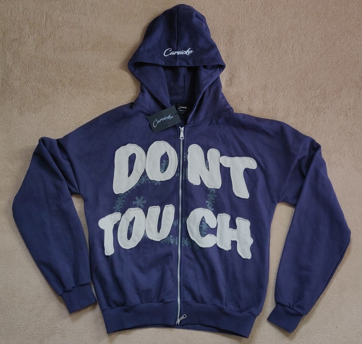 Carsicko Navy Beige DONT TOUCH Zip Up Hoodie Size M BNWT