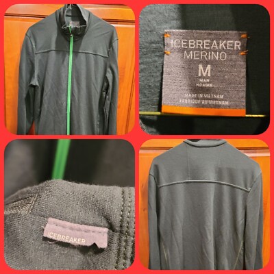 Icebreaker Jacket Green Merino Wool Windbreaker Base Layer Full Zip Lite Medium