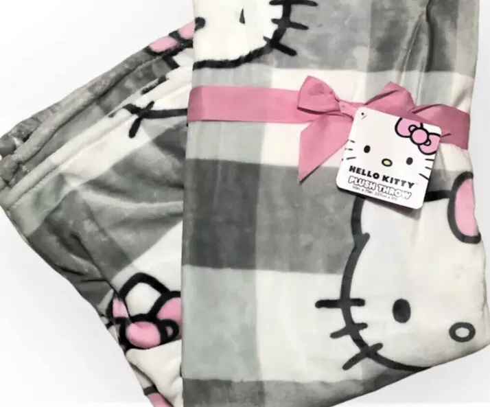 Hello Kitty Plush Throw Blanket 50x70 Grey Plaid Blanket