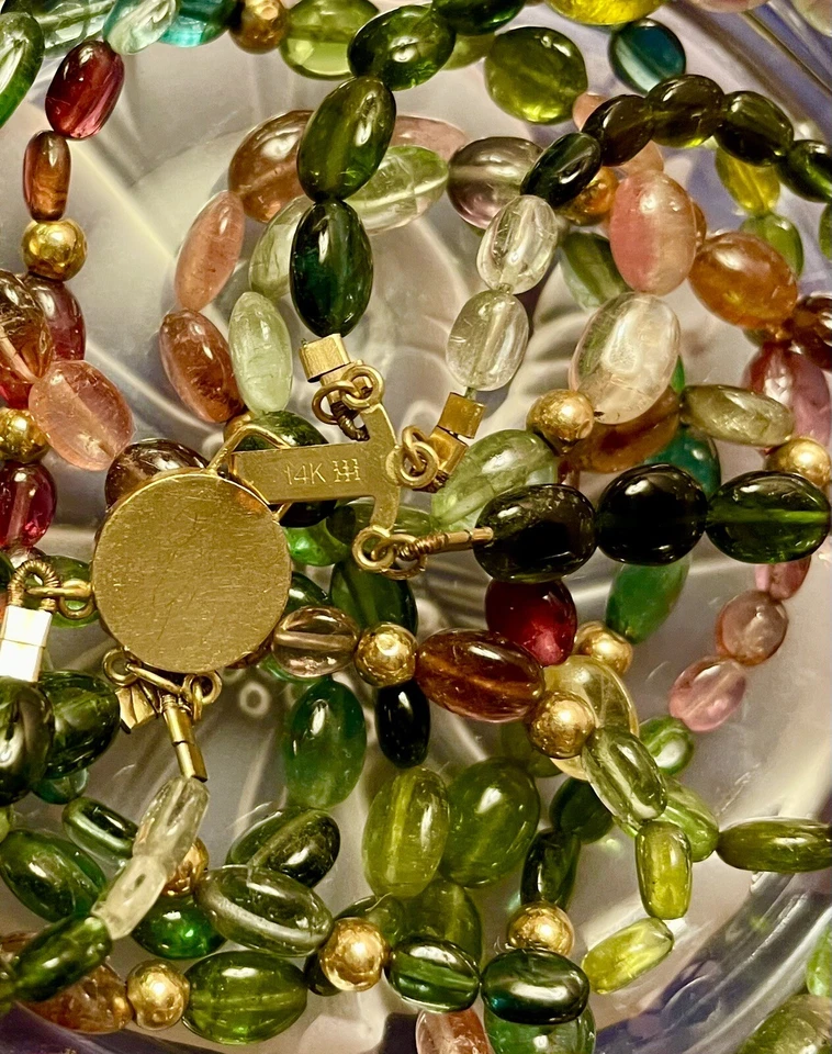 14K 黄金多色碧玺珠 3股项链 — 第 4/4 张图片