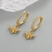 Gold Honey Bee Pave CZ Dangle Drop Hoop Earrings