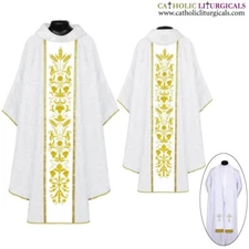 NEW WHITE Gothic Vestment & Stole Set with Embroidery, Chasuble, Casulla, Casel