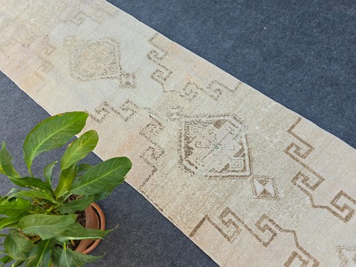 2' x 9' Vintage Neutral Runner Rug, Turkish Oushak Wool Beige Hallway Runner
