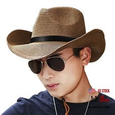 Men Cowboy Sun Hat Foldable Straw Hat Classic Western Newsboy One Size Brown