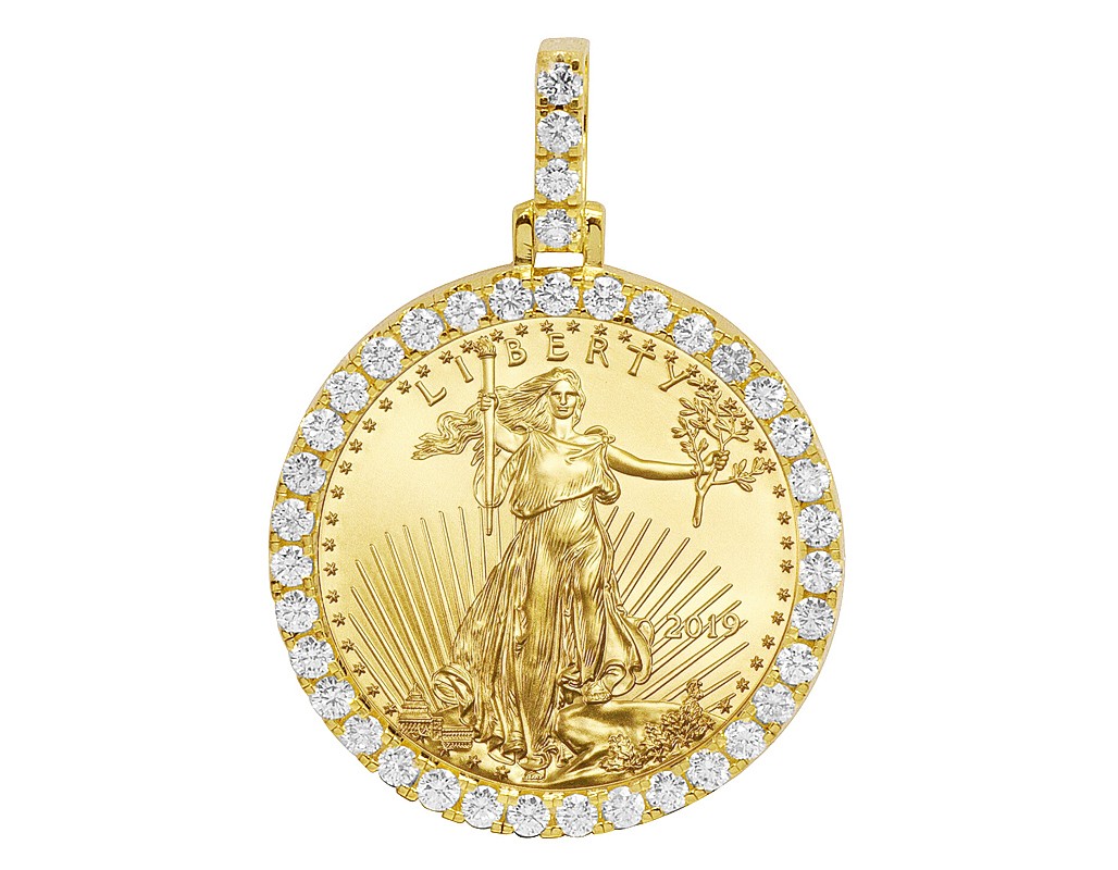 Mens Ladies 1 oz 24K Yellow Gold Liberty Coin Frame Diamond