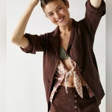 Free People Linen Blend Blazer Brown One Button Lightweight Jacket XS