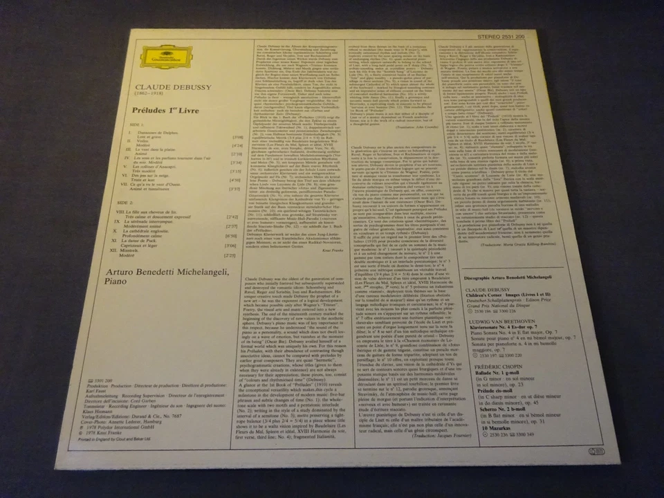 DEBUSSY - PRELUDES VOLUME 1 LP, Arturo Benedetti Michelangeli, DG 2531 200 - Image 2 of 4