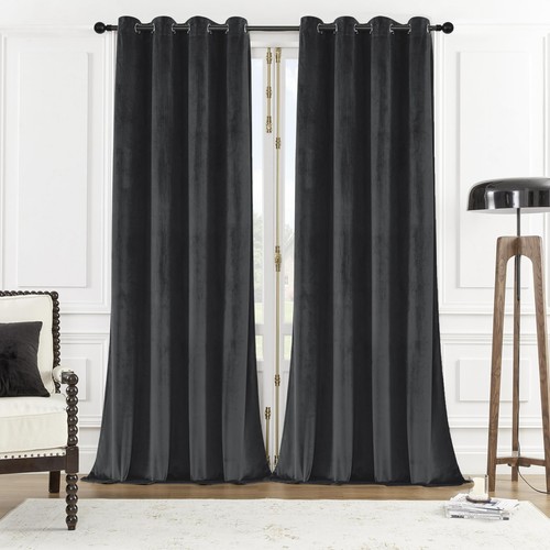 Black 96in Long Velvet Curtains with Grommet, Super Soft Thermal Insulated No...