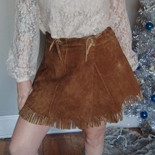 Vintage 70s Suede Leather Fringe Western Boho Hippie Wrap Mini Skirt Small Med