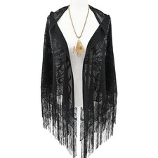 Edgy Black Lace Fringe Shawl Paisley Sheer Triangle Wrap Boho Whimsigoth Grunge