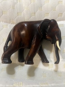 VINTAGE Wooden Elephant Statue Hand Carved DARK SOLID Wood 3” Tall
