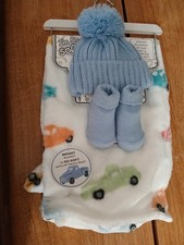 3 Piece Boys Baby Blanket Gift Set With Hat And Booties Blue