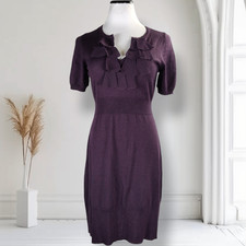Loft Purple Merino Wool Blend Sweater Dress Size S Ruffle Neck Short Sleeve Knit