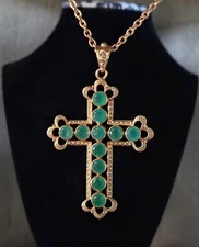 Nicky Butler Designer Signed Bronze Collection Green Chalcedony Cross Necklace