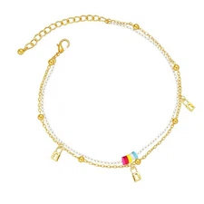 Gold And Multicoloured Lock Pendant Anklet
