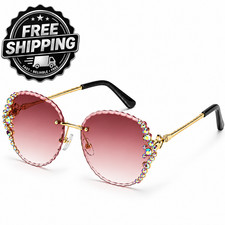 Womens Rimless Rhinestone Sunglasses Red Gradient Lens Gold Tone Scalloped Edge