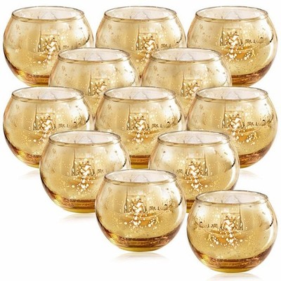 LAMORGIFT 12 Pcs Gold Votive Candle Holders -Gold Mercury Glass