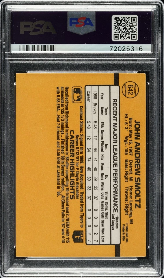 John Smoltz Signed 1989 Donruss #642 Braves Rookie Card PSA NM-MT 8 Auto Gem 10 - Image 2 of 2