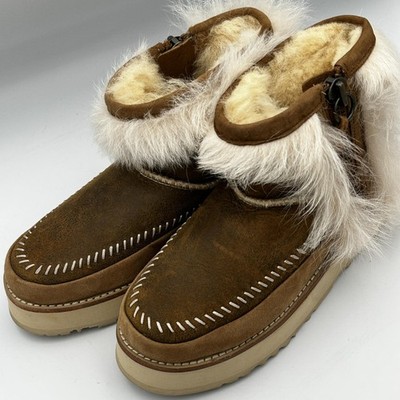 UGG Boots Womens Size 5 Brown Suede Shearling Fur Ankle Zip Fluff