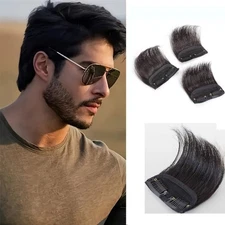 3PCS  Black Men Clip in 100% Virgin Human Hair Extensions Topper Bangs Hairpiece