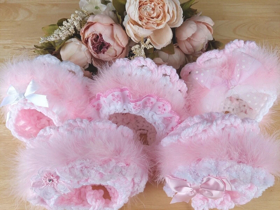 Varios Bebé Tradicional Tejido a Mano Ganchillo Gorro Sombrero Encaje Marabou Volantes NB-3 Foto 4 de 4