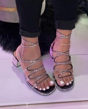 New Women's Bling Rhinestone Crystal Open Toe Lace-Up Sandal Med Block Heel Prom