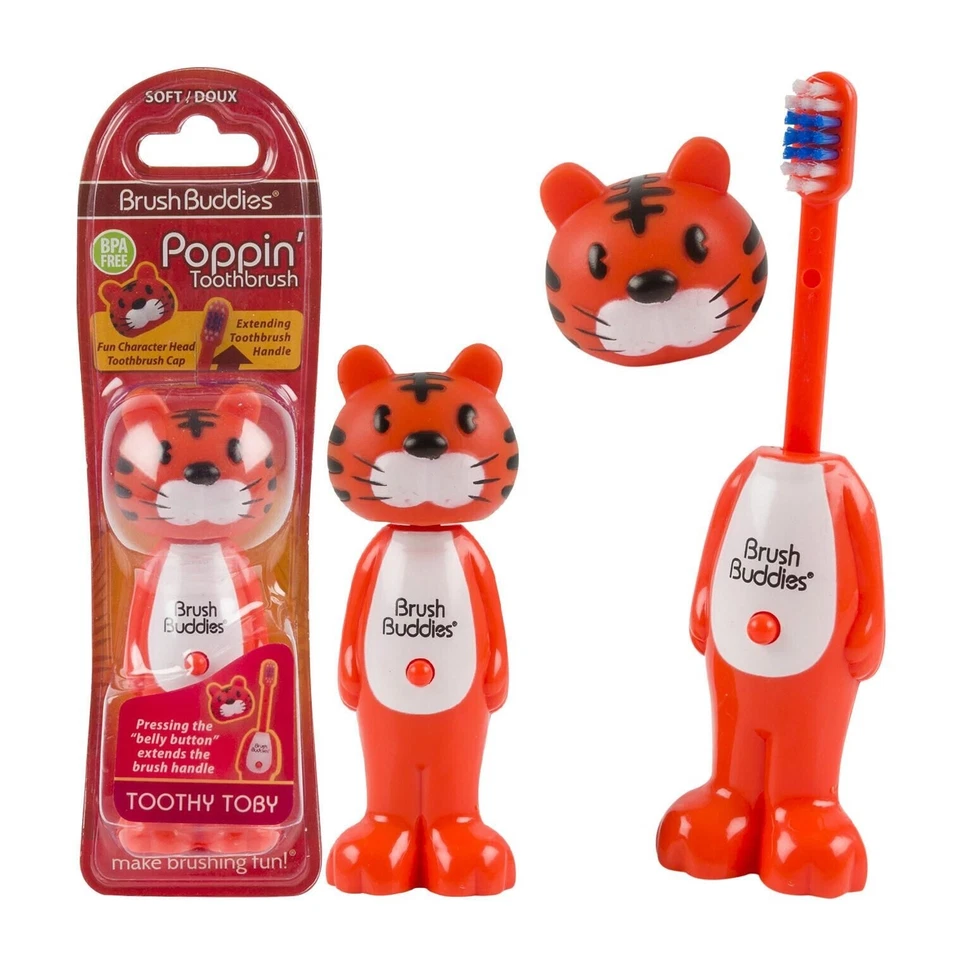 5 Brush Buddies Poppin Niños Cepillos de Dientes Personajes Animales Mango + Tapa Desmontable Foto 2 de 4