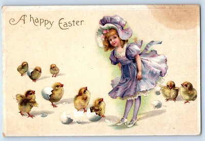 c1910s Easter Child Girl Little Chicks Hatched Eggs Embossed Clapsaddle Postcard