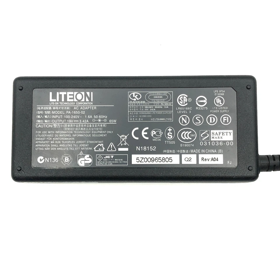 Adaptador de corriente original Liteon Acer 19V 3.42A 65W PA-1650-22 PA-1650-69 PA-1650-86 Foto 2 de 4